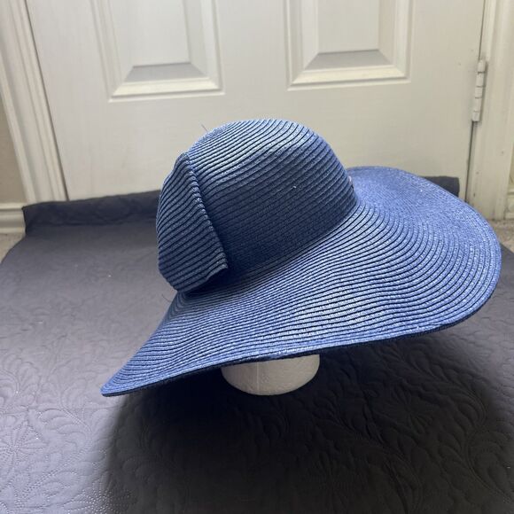 Sun N Sand Wide Brim Large Straw Floppy Navy Blue Beach Hat w/Bow Resort 18” Dia main image 5